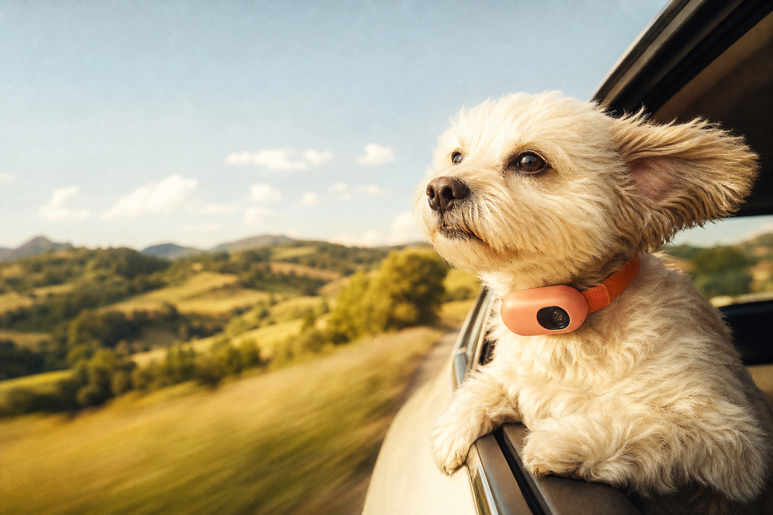Small cream dog wearing a coral smart collar and enjoying a countryside drive